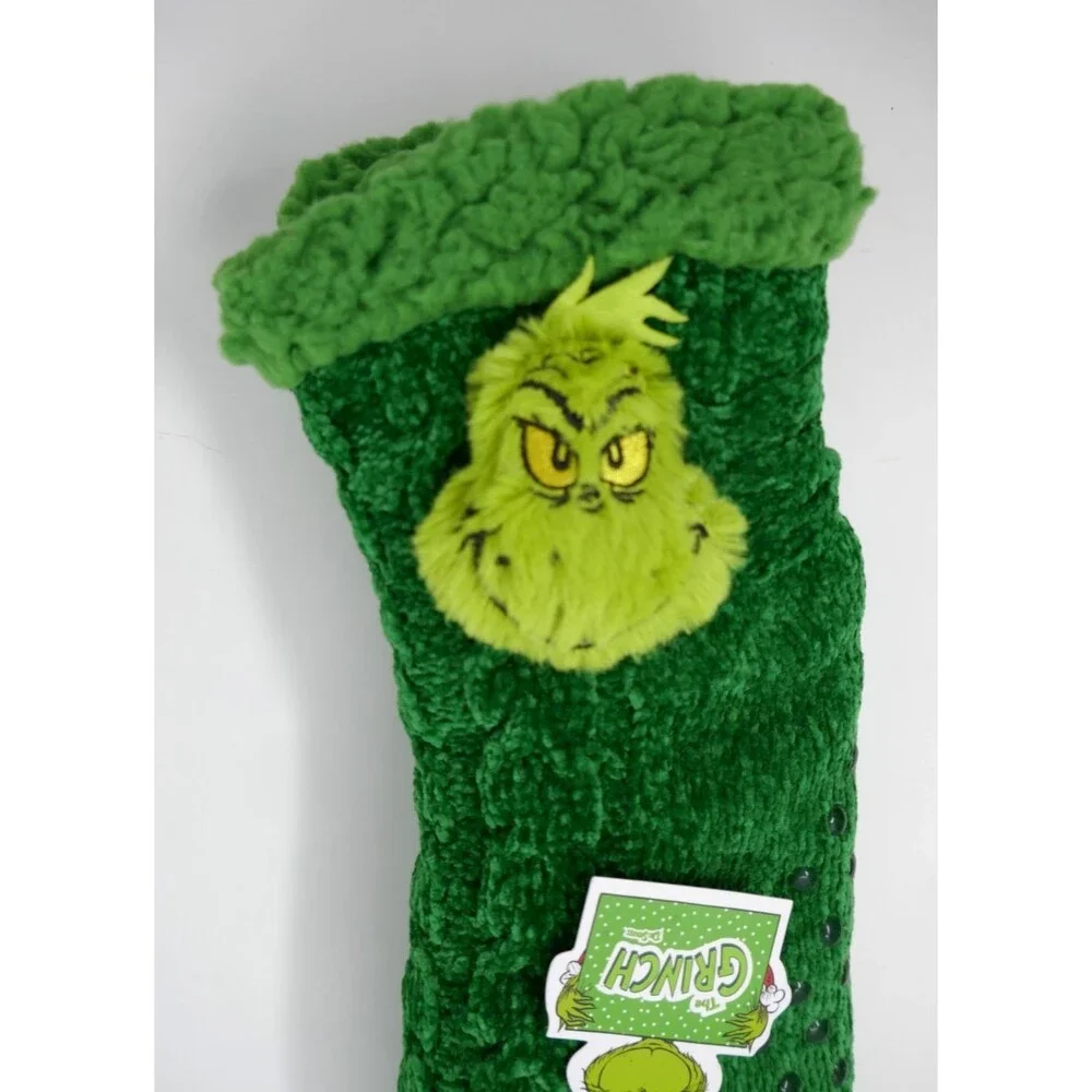 Bioworld Dr Seuss The Grinch Slipper Socks 3D Green Fuzzy Non-Slip Size 5-10 NEW
